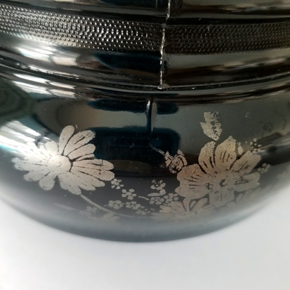 L.E. Smith Black Glass Greek Key Covered Bean Pot - Picture 2 of 5